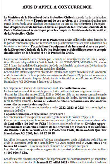  AVIS D’APPEL A CONCURRENCE